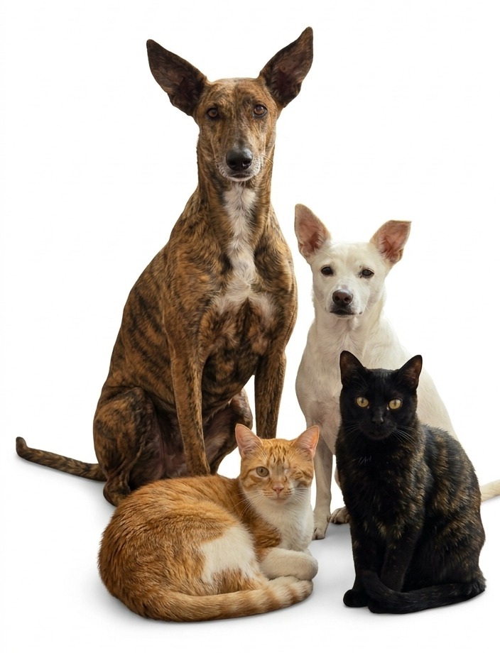 La familia de pequeludos de Dogtor Food: dos perros y dos gatos